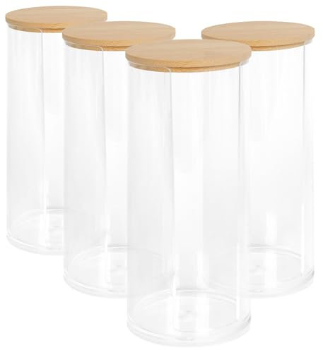 Harbour Housewares Plastic Tall Cotton Pad Holder with Bamboo Lid - Pack of 1 - Clear Reusable Cotton Ball Swab Storage Dispenser Container for Bathroom Accessories, Cosmetics, Makeup