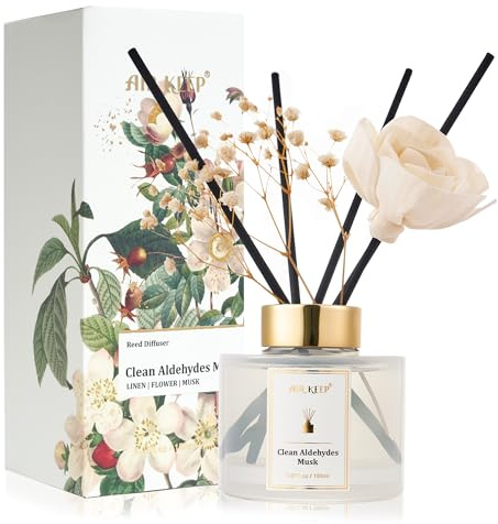 Airkeep Difusor de Aromas 150ml, Clean Aldehydes Musk Reed Diffuser Set, Rose Difusor De Fragancia, Ambientador para Habitaciones, Baños, Oficinas, Armarios