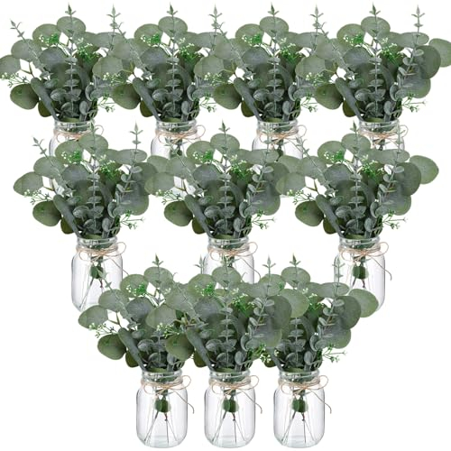 XunYee 10 Set Clear Jar Centerpiece Mason Jar Flower Decoration for Farmhouse Coffee Table Decoration with Artificial Plant for Christmas Kitchen Dining Living Room(Eucalyptus)