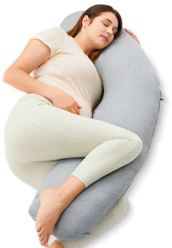 Momcozy Cuscino per gravidanza, a forma di J, per dormire, con fodera rinfrescante, per donne incinte, supporto per pancia, fianchi e gambe, colore: grigio scuro