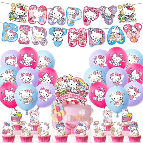 Hello Kty Birthday Party Decorations Supplies, Banner, Ba-lloons, Cake Decorations Cake Topper Cupcake Toppers, Ribbon