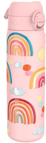 Ion8 Vacuum Insulated Steel Water Bottle, 500 ml/18 oz, Leak Proof, Easy to Open, Secure Lock, Dishwasher Safe, Fits Cup Holders, Carry Handle, Scratch Resistant, Metal Water Bottle, Rainbows Design