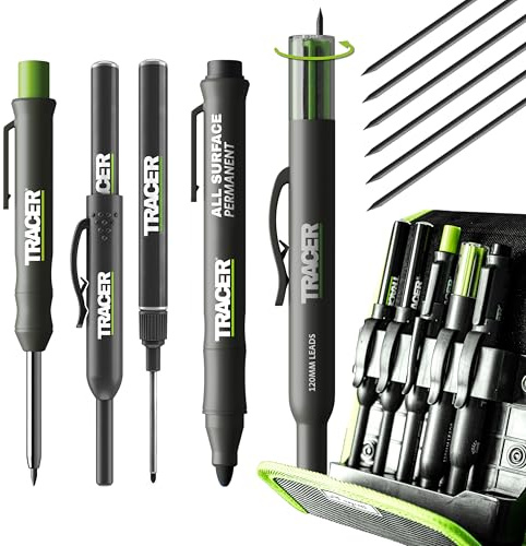 Tracer Kit de 5 marqueurs de construction avec étui de rangement – Crayon de charpentier, 2 marqueurs à pointe longue, marqueur sans obstruction et distributeur de mines de rechange