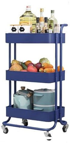 Kitchen Storage 3 Tier Metal Steel Extra Heavy Duty Kitchen Rack with Rollers, Storage Shelving Unit Organizer, Outdoor Flower Stand Closet Shelves Organizer(Blue)