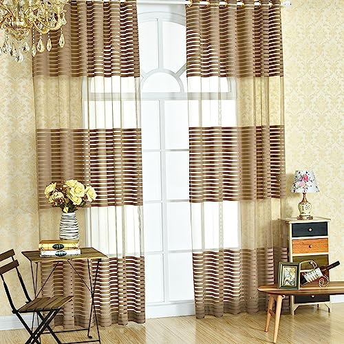 Halbtransparenter brauner Streifenvorhang aus Voile, Tüll, Fenstervorhang, für Schlafzimmer und Wohnzimmer, 2 Paneele, Ringösen, Gaze-Vorhang, Dekoration, 132 x 213 cm