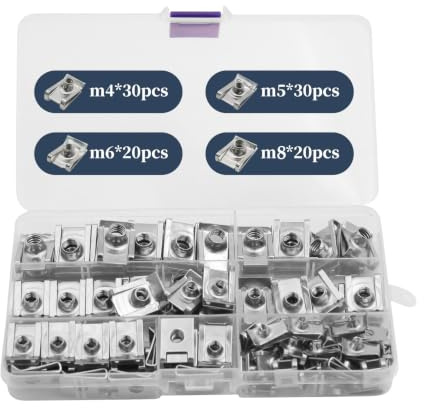 NVGFTG 100 Stück Blechmutter Edelstahl M4 M5 M6 M8 Blechmuttern Sortiment | U-Typ Gewinde Clip Mutter Set, Schnappmutter Set mit Aufbewahrungsbox, Mutter Clip Kit