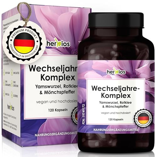 HERBIOS Wechseljahre Komplex mit Yamswurzel, Rotklee & Mönchspfeffer | 120 Kapseln für 2 Monate als Meno Komplex Wechseljahre mit Eisen, Folsäure & B-Vitaminen in veganer, hormonfreier Rezeptur.