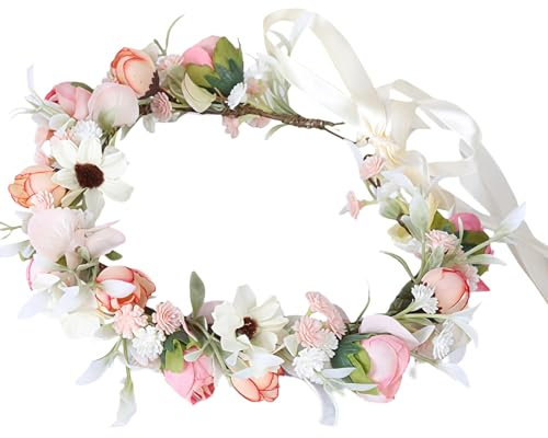 MUNSKT Blumenkrone Haarkranz Boho Blumenkranz Rose Floral Blumenkranz Haare Blumenkrone Damen Mädchen Braut Rosen Haarreif Individuell Einstellbar Durch Ein Band (Rosa)