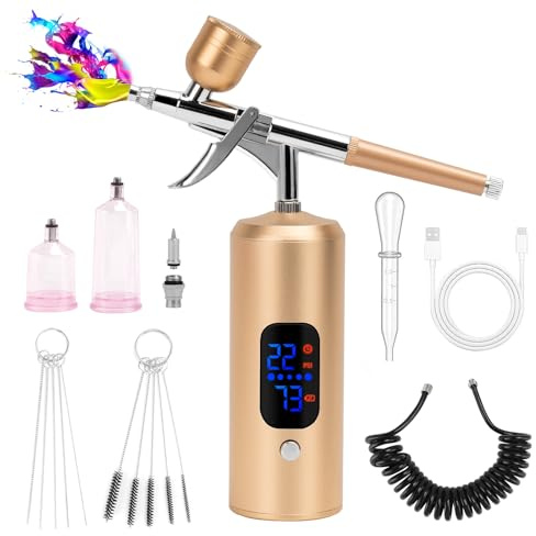 BriSunshine Kit Aerógrafo Inalámbrico 38PSI Compresor | Pistola Aerógrafo Recargable con Pantalla LCD & Manguera, para Peinado Nail Art Pasteles Maquillaje