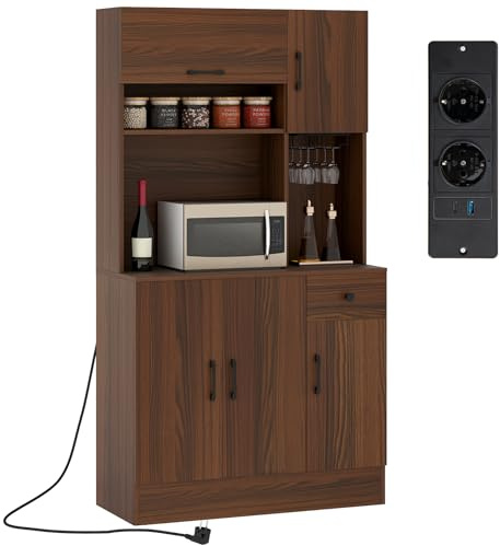 COSTWAY Küchenschrank Holz, Buffetschrank mit Steckdosen & USB-Anschlüsse & Type C, Hochschrank mit verstellbaren Regalen & Schublade, für Küche Wohnzimmer, 90 x 39 x 167 cm (Braun)