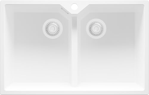 PRIMAGRAN Fregadero Cocina al Mueble 80cm + Kit de desagüe, 78x50cm | Set: Kit de desagüe (sifón, válvula, rebosadero) + Madrid Twin 2 Senos Granito, Todo Blanco