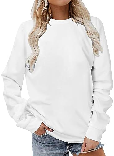HAOLEI Sudaderas Mujer Sin Capucha,Casual Cuello Redondo Sudadera Mujer Manga Larga Casual Color Sólido Jersey Básico Simple Sweatshirt Sueltos Pullover Top Deportiva Otono Invierno Sudadera Blanca