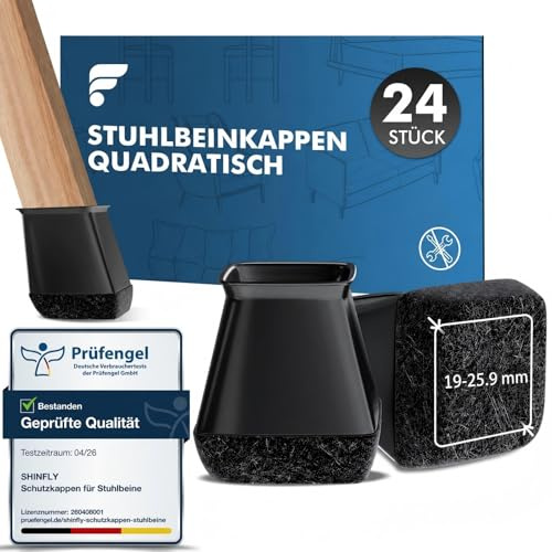 Shinfly stolsbenskydd, fyrkantiga, 24 delar, silikonbenskydd för stolsben, skyddskåpor för stolsben, filtglidare för stolar och golvskydd, vinklade stolsben, lågt ljud [Svart, passar: 19-25,9 mm]