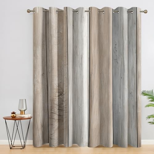 Natural Wood Striped Curtains Blackout, 52x84 Inch 2 Panels - Rustic Neutral Pattern Black Out Curtains, Home Decor, 84 Drop Eyelet Window Drapes for Bedroom, Living Room ZL307