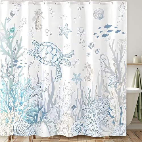 Duschvorhang 180×200cm - Meeresschildkröten Blauer Badevorhänge Shower Curtains Ozean Maritim Meer Korallen mit ösen ＆ 12 Duschringen Wasserdichter Schnelltrocknend Waschbar für Badezimmer Badewann