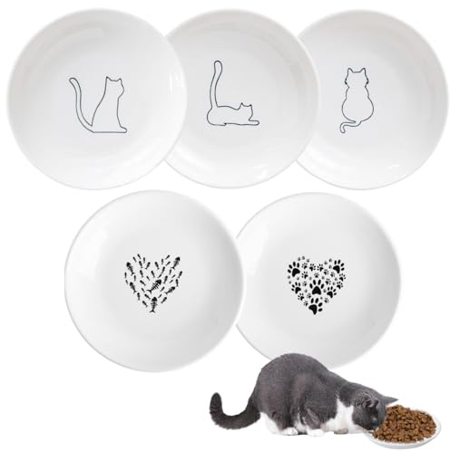 5 Stück Katzennapf Keramik, 6 Zoll Flacher Katzenteller Futternapf Katze, Katzen Futterschale Set, Keramik Katzenfressnapf für Futter und Wasser, Spülmaschinenfest