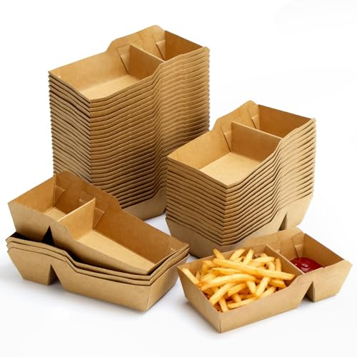 LPZMPZ 50 Stück Pommes Schälchen für Currywurst Fingerfood Imbiss Frites Snack Schalen Pappschalen Teller Pappe Pommesschalen aus Bratwurst Pappe Servier Schiffchen Fingerfood Braun