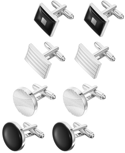 WJIAAA 8 Stück Set Klassische Manschettenknöpfe Für Herren, Silber Schwarz Gestreiftes Design, Elegante Hemd Anzug Accessoires Für Hochzeit Business Formelle Anlässe