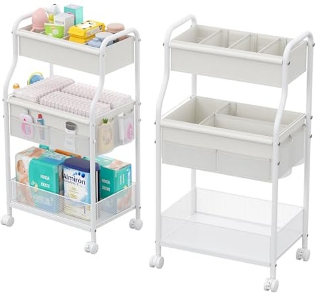 Diaper Caddy Organizer 3-Tier Rolling Cart, Metal Utility Cart with 4+2 Dividers & Lockable Silent Casters, Mobile Storage Cart for Nursery Essentials, Multi-Purpose for Kidsroom Changing Table
