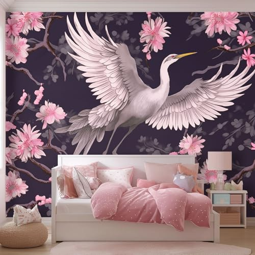 Carta da parati Motivo Con Uccelli E Fiori Di Ciliegio 300 x 210 cm, Grigio Bianco Poster Foto Murale Carta da Parati Decorazione Parete Soggiorno Camera da Letto Ufficio Cameretta per Bambin