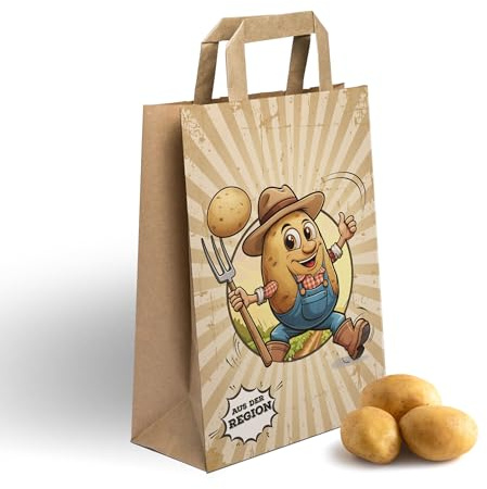 750 Papiertragetaschen | 1,5kg | Papiertaschen | Fröhliche Knolle | Kartoffeln | Papiertüten | Flachhenkel | Ökobeutel | Papierbeutel