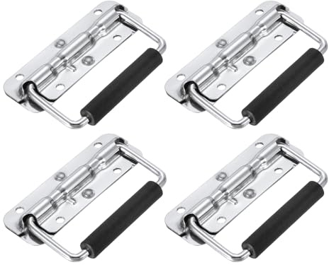 PATIKIL 4.8inch Spring Loaded Handle, 4 Pcs Folding Heavy Duty Toolbox Pull Chest Handles with Rubber Surface Mount Folding Grip for Toolbox Chest Case Crates Storage Boxes, Silver Tone