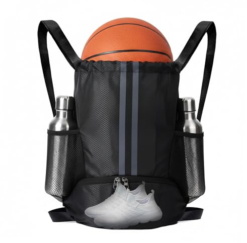 YEVOPOU Sports Drawstring Backpack with Shoes Compartment, String Gym Bag with Wet Proof Pocket for Basketball, Soccer, Swim, Black Sport Bag for Men and Women