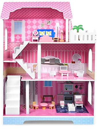YRHome Puppenhaus Groß 3-stöckiges Puppenhaus mit Treppe 100 x 70 x 36 cm Puppenstube Set inkl 15 Zubehör wie Möbel Puppenvilla Dollhouse DIY Wohnmobil Haus Traumvilla Perfekt Spielzeuggeschenk
