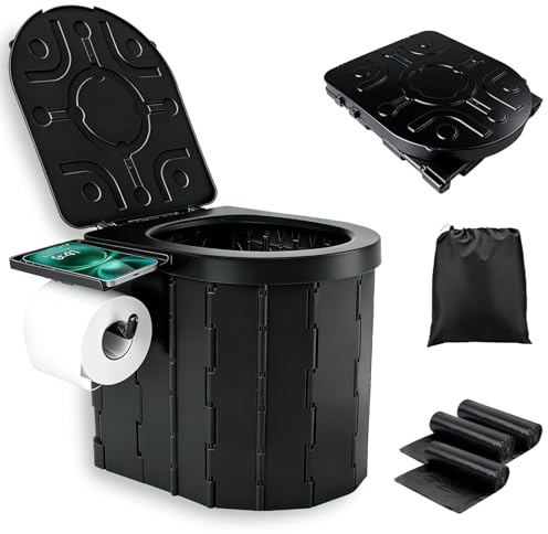 MEETOZ Portable Toilet, Upgraded Foldable Camping Toilet with Lid, Fishing Toilet, Equipped with a phone holder and tissue holder, Perfect for Camping, Trip, Car, Motorhome, Fishing, Reusable, Large