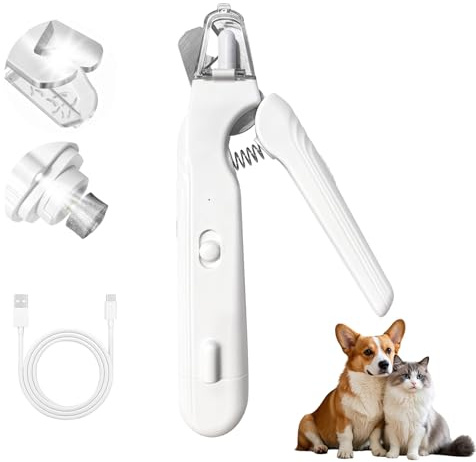 Flanliy Krallenschere für Hunde mit Licht, 2-in-1 Krallenschere Katzen & Hund mit Krallenschleifer, Lichtschere Hund mit Schnell-Sensor & Spritzschutz, Krallenschneider für Hunde und Katzen (Weiß)