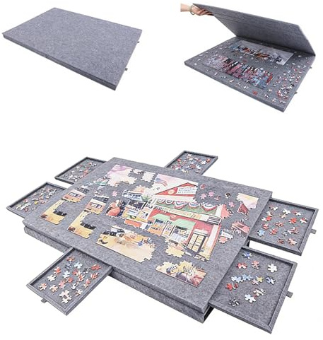 LUPATDY Svängbart pusselbord 1 000 bitar – pusselbräda med 6 lådor och filtyta, bärbar pusselbräda med 2-i-1-stativ, perfekt för hem och resor, 52 x 77 cm, grå