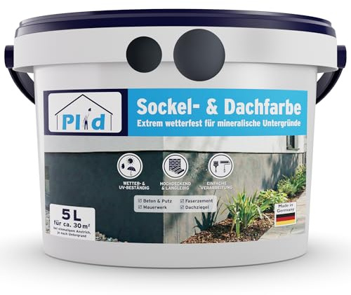 Plid Sockel- & Dachfarbe 5L Schiefergrau – Fassadenfarbe Außen Schutz | Wetterfest & UV-beständig | Beton, Putz, Mauerwerk, Dachziegel & Faserzement | Abperleffekt | ca. 30 m² | Made in Germany