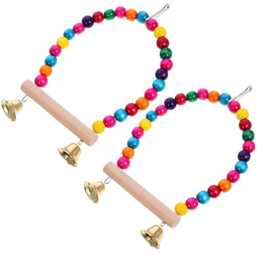SEWACC 2 Piezas Columpio para Jaula de Pájaros con Campana, Juguetes Masticables de Madera para Periquitos, de Observación Resistentes y Coloridos para Aves Color Color Aleatorio