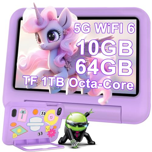 DEERTiME Tablette Android 14 avec 10Go RAM+64Go ROM(TF 1TB), Octa-Core | WiFi 6 | 5G+2.4G | Contrôle Parental | BT 5.0 | Type C | Kids Space avec Kid-Proof EVA Étui (Violet)