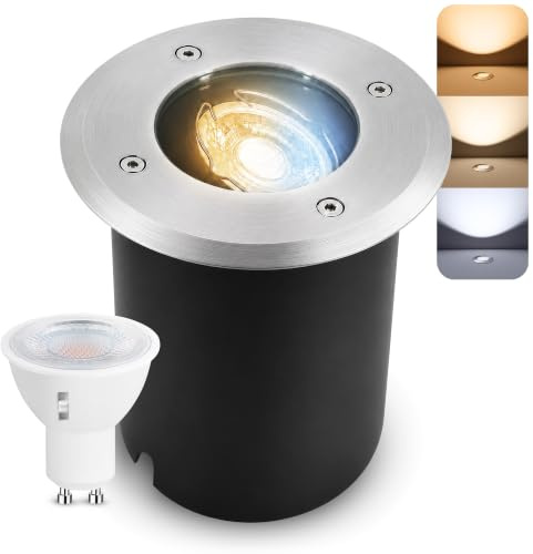 SSC-LUXon JUAVI Bodeneinbaustrahler aussen dimmbar IP67 - mit LED GU10 7W warmweiß 230V - Bodenspot befahrbar rund rostfrei