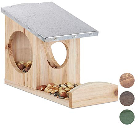 Relaxdays Eichhörnchen Futterhaus, Kobel aus Holz, wetterfestes Metall Dach, zum Aufhängen, Garten Futterstation, natur