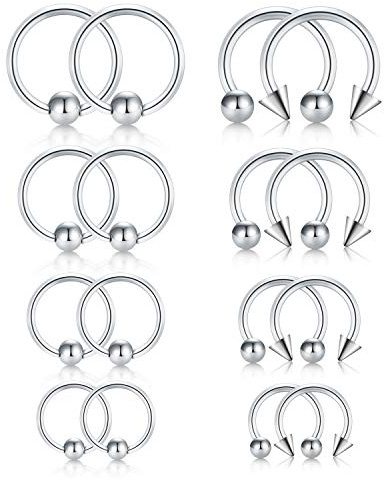 Briana Williams 8 Pares 14G Anillos de Nariz Herradura Perla Cautiva Aro Septum Ceja Lengua Labio Pezón Helix Tragus Piercing Acero quirúrgico 8-14mm