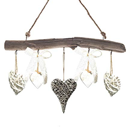 Decpero Dekozweig Hängende Dekoration Dekoration für Innen und Außen Vintage Grau-Weiß Herz Handgefertigt Unikat 50 cm