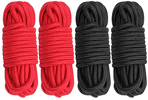 Cosymate Soft Cotton Rope Binding Rope All Purpose Thick Cotton Twisted Knot Tying Rope, 8mm Diameter, 5m Long, Pack of 4, Black and Red