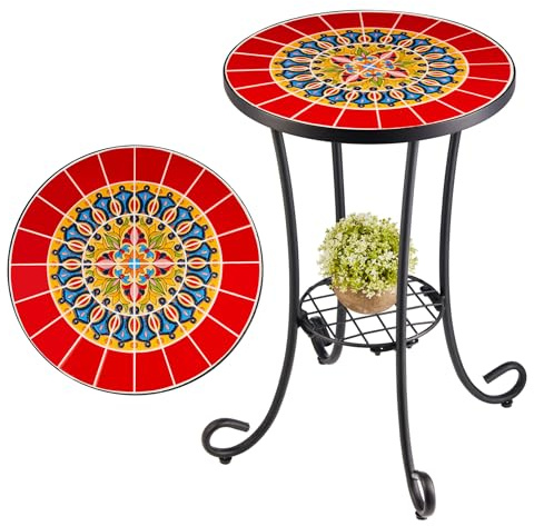 VONLUCE Mosaik Beistelltisch Runder Retro Mosaiktisch Metalltisch Kaffeetisch 35,5x54,5cm Blumenhocker Blumenständer Pflanzenständer Blumenregal mit Mosaikplatte 14 (Rot)
