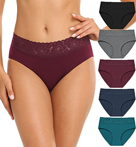 Wealurre Cotton Underwear Women Lace Waistband Full Briefs Ladies High Leg Knickers for Women Soft Stretch Panties Multipack 5 (Medium, Dark Color)