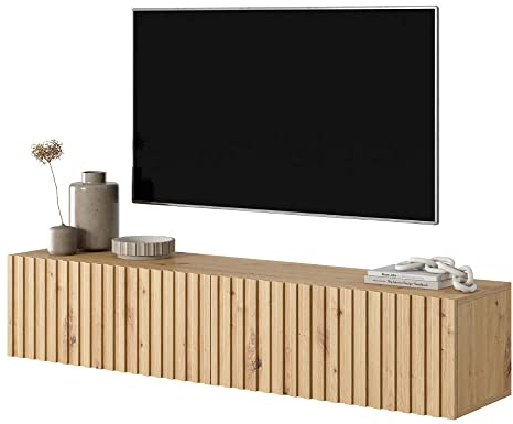 Selsey Telire - Mueble de TV Colgante - Roble Artesano con Frente de Lamas - 140 cm