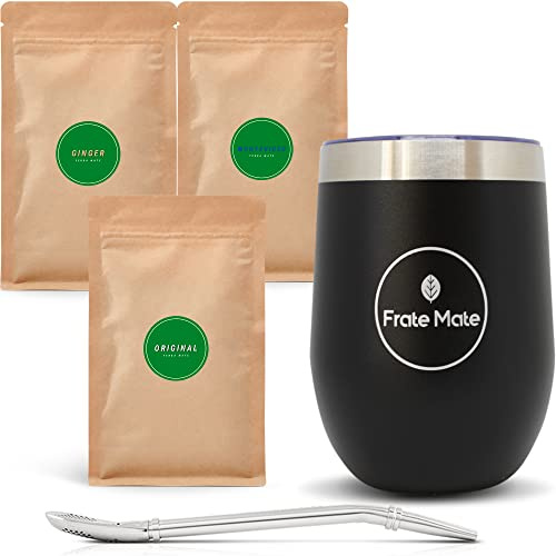 FRATÉ MATÉ Kit Maté Découverte- Coffret Complet avec 3 Yerba Maté BIO x 100g, 1 Calebasse 350ML et Bombilla. Kit parfait pour Découvrir la Yerba Maté - Idée Cadeau