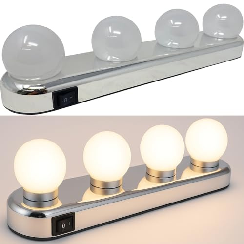 HTUK Studio Glow Vanity Makeup Light – 4 LED Bulbs, Bright Daylight, Battery Powered, Portable Stick-On Mirror Light with Suction Mount