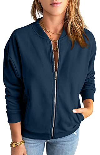 GeGekoko Sweatshirt med dragkedja, dam, överdimensionerad jacka, överdimensionerad tröja, enfärgad, lös, långärmad, toppar, toppar med ficka, Marinblå, S