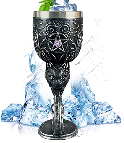 Tuzsocr Medieval Goblet - Verres à vin à motif de Chats 3D,Gobelet à vin vintage en acier inoxydable,Tasse à thé et café en résine en relief décoration,pour Halloween, bar, fête à thème (Chats Noirs)