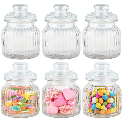 Murago - 6er Set Vorratsglas ca 600ml 15x11cm luftdicht Gewürz Glas Dosen Bonbonglas Süßigkeiten Behälter mit Deckel Candy Bar Zubehör Vorratsgläser Glasdeckel Gläser für Nüsse Kaffebohnen 0,6L rund