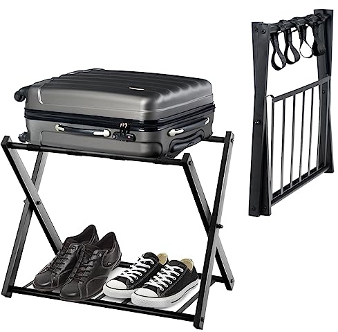 HOMASIS Portavaligie Pieghevole, Sgabelli Reggivaligia in Metallo, Supporto per Valigie e Borsoni con Mensola, Portascarpe, Porta Valigie da Camera Hotel, 68 x 43 x 56 (Nero)