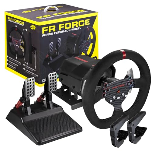 FRTEC - Volant de course avec pédales FR FORCE, retour de force 3,2 Nm, technologie ForceSense, double moteur, volant amovible, engrenages et axe en acier, finition Alcantara