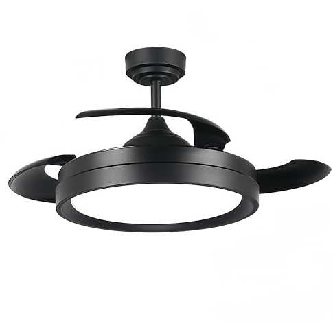 Ventilador con Luz Lámpara LED 36W Ventilador Invisible Ultra Silencioso con Mando a Distancia y Palas Retráctiles, Decoración Luz Fría/Neutra/Cálida para Interiores (NEGRO II)